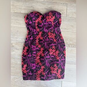 GUESS Strapless Floral Bodycon Dress in Black with Pink & Red Embroidery